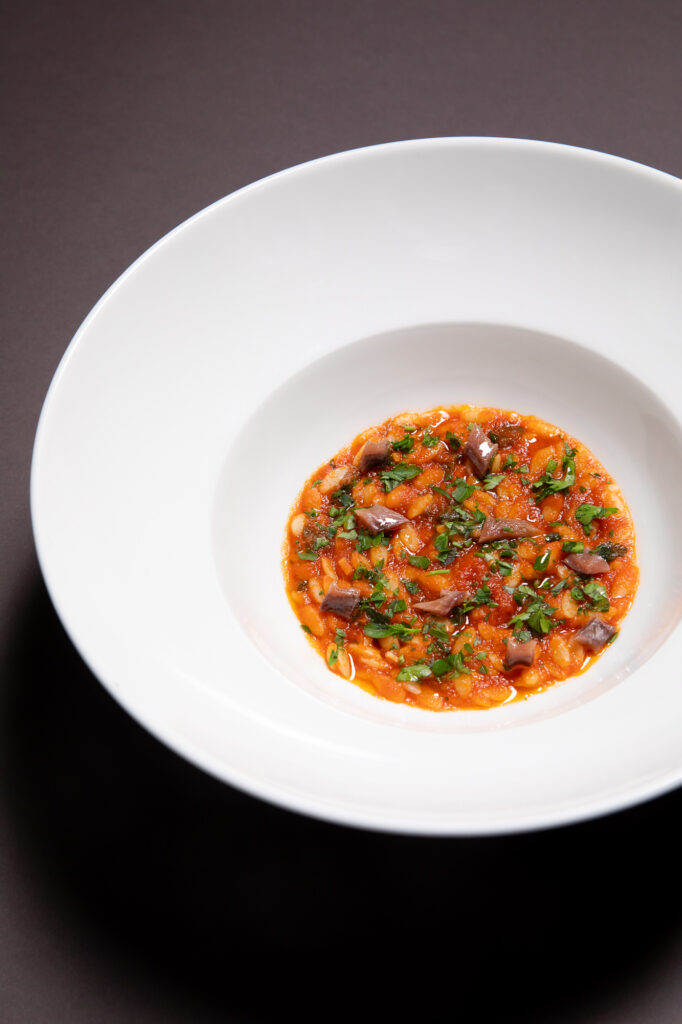 Immagine di un piatto di chicchi di Grano Mancini con salsa di pomodoro e sarde